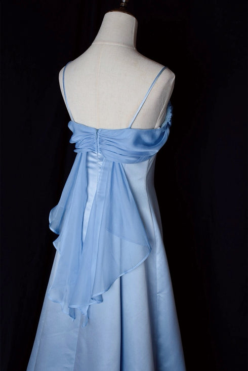Blue Satin Guest Dress - Light Blue Evening Dress with Bow Plus Size